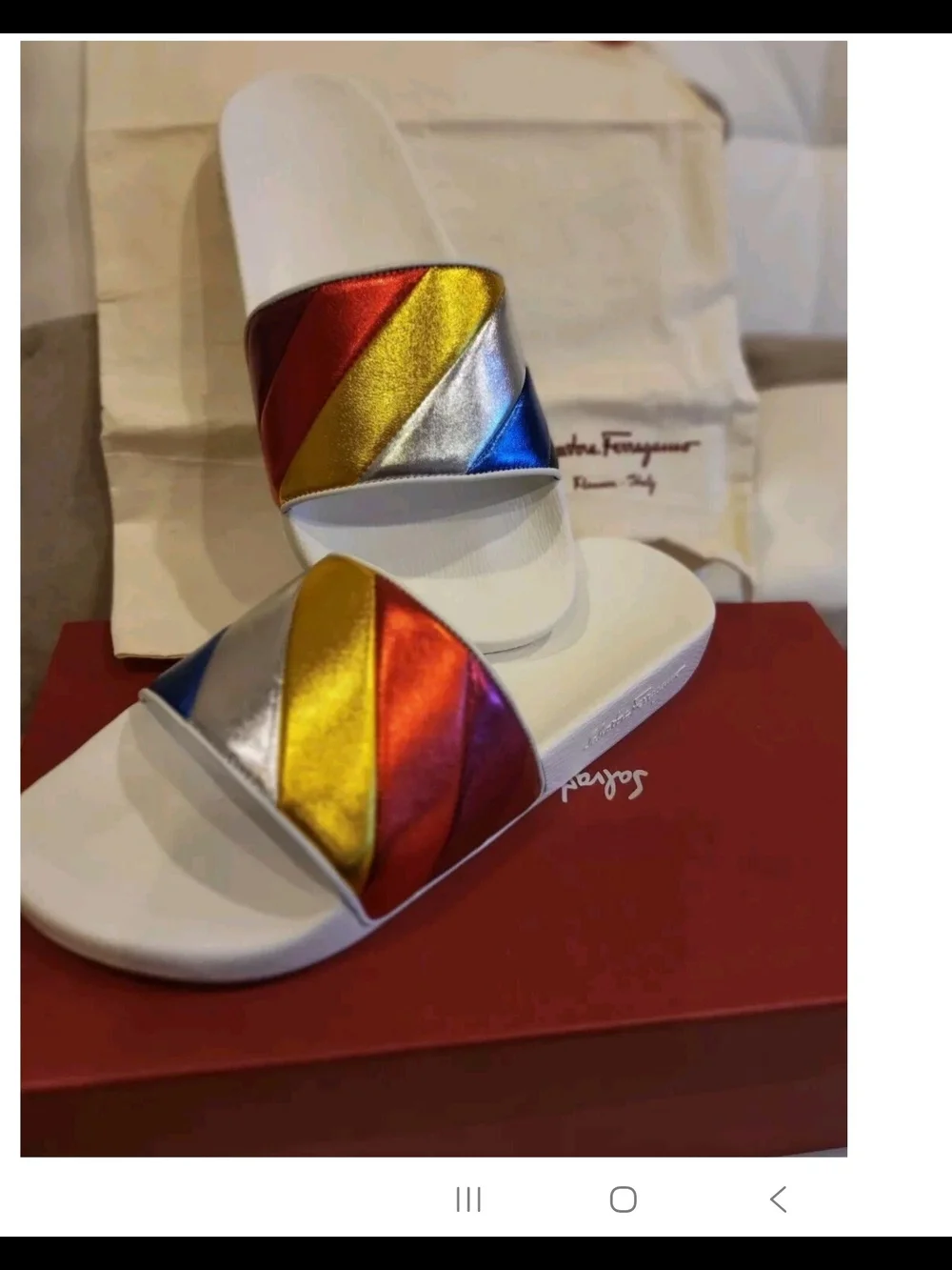 Salvatore Ferragamo Groove Multicolor Rainbow Leathr Metallic Slides Size 9M NWB
